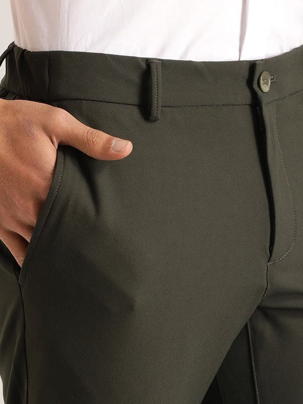 Indian Terrain Men's Slim Fit Solid Dark Green Trousers